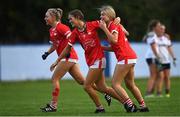 3 August 2022; Cork players Evie Twomey, centre, and Clodagh O'Donovan, right celebrate after the ZuCar All-Ireland Ladies Football Minor ‘A’ Championship Final match between Cork and Galway at MacDonagh Park in Nenagh, Tipperary. Photo by Harry Murphy/Sportsfile