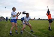 3 August 2022; Hannah Haughey, centre, and Abi Carolan of Monaghan celebrate a late score during the ZuCar All-Ireland Ladies Football Minor B Championship Final match between Monaghan and Longford at Donaghmore Ashbourne GAA club in Ashbourne, Meath. Photo by David Fitzgerald/Sportsfile