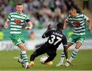 4 August 2022; Ronan Finn, left, and Graham Burke of Shamrock Rovers in action against Diene Albert Lamane of Shkupi during the UEFA Europa League third qualifying round first leg match between Shamrock Rovers and Shkupi at Tallaght Stadium in Dublin. Photo by Stephen McCarthy/Sportsfile