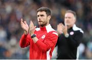 4 August 2022; Sligo manager John Russell applauds the support after the UEFA Europa Conference League third qualifying round first leg match between Viking and Sligo Rovers at SR-Bank Arena in Stavanger, Norway. Photo by James Fallon/Sportsfile