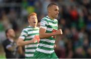 4 August 2022; Graham Burke of Shamrock Rovers celebrates after scoring his side's first goal, a penalty, during the UEFA Europa League third qualifying round first leg match between Shamrock Rovers and Shkupi at Tallaght Stadium in Dublin. Photo by Stephen McCarthy/Sportsfile