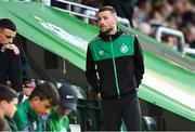 4 August 2022; Jack Byrne of Shamrock Rovers takes his seat in the stand before the UEFA Europa League third qualifying round first leg match between Shamrock Rovers and Shkupi at Tallaght Stadium in Dublin. Photo by Eóin Noonan/Sportsfile