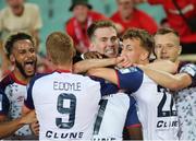 4 August 2022; St Patrick's Athletic players celebrate their side's first goal scored by Serge Atakayi during the UEFA Europa Conference League third qualifying round first leg match between CSKA Sofia and St Patrick's Athletic at Stadion Balgarska Armia in Sofia, Bulgaria. Photo by Yulian Todorov/Sportsfile