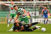 4 August 2022; Freddy Alvarez of Shkupi in action against Dylan Watts of Shamrock Rovers during the UEFA Europa League third qualifying round first leg match between Shamrock Rovers and Shkupi at Tallaght Stadium in Dublin. Photo by Eóin Noonan/Sportsfile