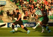 4 August 2022; Dylan Watts of Shamrock Rovers shoots to score his side's second goal during the UEFA Europa League third qualifying round first leg match between Shamrock Rovers and Shkupi at Tallaght Stadium in Dublin. Photo by Eóin Noonan/Sportsfile