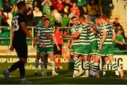 4 August 2022; Dylan Watts of Shamrock Rovers celebrates after scoring his side's second goal during the UEFA Europa League third qualifying round first leg match between Shamrock Rovers and Shkupi at Tallaght Stadium in Dublin. Photo by Eóin Noonan/Sportsfile
