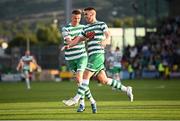 4 August 2022; Dylan Watts of Shamrock Rovers celebrates with team-mate Ronan Finn, left, after scoring his side's second goal during the UEFA Europa League third qualifying round first leg match between Shamrock Rovers and Shkupi at Tallaght Stadium in Dublin. Photo by Stephen McCarthy/Sportsfile