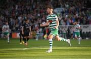 4 August 2022; Dylan Watts of Shamrock Rovers celebrates after scoring his side's second goal during the UEFA Europa League third qualifying round first leg match between Shamrock Rovers and Shkupi at Tallaght Stadium in Dublin. Photo by Stephen McCarthy/Sportsfile