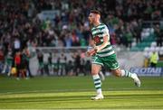 4 August 2022; Dylan Watts of Shamrock Rovers celebrates after scoring his side's second goal during the UEFA Europa League third qualifying round first leg match between Shamrock Rovers and Shkupi at Tallaght Stadium in Dublin. Photo by Stephen McCarthy/Sportsfile