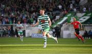 4 August 2022; Dylan Watts of Shamrock Rovers celebrates after scoring his side's second goal during the UEFA Europa League third qualifying round first leg match between Shamrock Rovers and Shkupi at Tallaght Stadium in Dublin. Photo by Stephen McCarthy/Sportsfile
