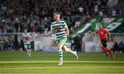 4 August 2022; Dylan Watts of Shamrock Rovers celebrates after scoring his side's second goal during the UEFA Europa League third qualifying round first leg match between Shamrock Rovers and Shkupi at Tallaght Stadium in Dublin. Photo by Stephen McCarthy/Sportsfile