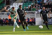 4 August 2022; Dylan Watts of Shamrock Rovers shoots to score his side's second goal during the UEFA Europa League third qualifying round first leg match between Shamrock Rovers and Shkupi at Tallaght Stadium in Dublin. Photo by Stephen McCarthy/Sportsfile