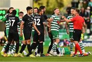 4 August 2022; Sean Hoare of Shamrock Rovers protests to referee Bartosz Frankowski during the UEFA Europa League third qualifying round first leg match between Shamrock Rovers and Shkupi at Tallaght Stadium in Dublin. Photo by Eóin Noonan/Sportsfile