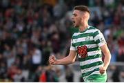 4 August 2022; Dylan Watts of Shamrock Rovers celebrates after scoring his side's second goal during the UEFA Europa League third qualifying round first leg match between Shamrock Rovers and Shkupi at Tallaght Stadium in Dublin. Photo by Stephen McCarthy/Sportsfile