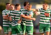 4 August 2022; Dylan Watts, 7, of Shamrock Rovers celebrates with team-mates, from left, Ronan Finn, Sean Hoare, Chris McCann, Graham Burke and Lee Grace after scoring his side's second goal during the UEFA Europa League third qualifying round first leg match between Shamrock Rovers and Shkupi at Tallaght Stadium in Dublin. Photo by Stephen McCarthy/Sportsfile