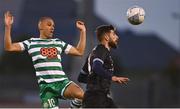 4 August 2022; Gagi Margvelashvili of Shkupi in action against Graham Burke of Shamrock Rovers during the UEFA Europa League third qualifying round first leg match between Shamrock Rovers and Shkupi at Tallaght Stadium in Dublin. Photo by Eóin Noonan/Sportsfile