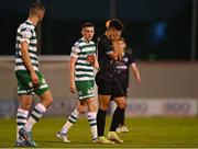 4 August 2022; Walid Hamidi of Shkupi after being shown a red card by referee Bartosz Frankowski during the UEFA Europa League third qualifying round first leg match between Shamrock Rovers and Shkupi at Tallaght Stadium in Dublin. Photo by Eóin Noonan/Sportsfile