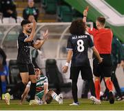4 August 2022; Walid Hamidi of Shkupi is shown a red card by referee Bartosz Frankowski during the UEFA Europa League third qualifying round first leg match between Shamrock Rovers and Shkupi at Tallaght Stadium in Dublin. Photo by Stephen McCarthy/Sportsfile
