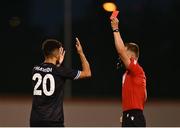 4 August 2022; Walid Hamidi of Shkupi is shown a red card by referee Bartosz Frankowski during the UEFA Europa League third qualifying round first leg match between Shamrock Rovers and Shkupi at Tallaght Stadium in Dublin. Photo by Eóin Noonan/Sportsfile