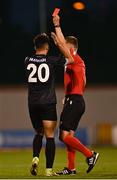 4 August 2022; Walid Hamidi of Shkupi is shown a red card by referee Bartosz Frankowski during the UEFA Europa League third qualifying round first leg match between Shamrock Rovers and Shkupi at Tallaght Stadium in Dublin. Photo by Eóin Noonan/Sportsfile