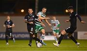 4 August 2022; Angelce Timovski of Shkupi in action against Neil Farrugia of Shamrock Rovers during the UEFA Europa League third qualifying round first leg match between Shamrock Rovers and Shkupi at Tallaght Stadium in Dublin. Photo by Eóin Noonan/Sportsfile