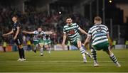 4 August 2022; Gary O'Neill of Shamrock Rovers, centre, celebrates after scoring his side's third goal during the UEFA Europa League third qualifying round first leg match between Shamrock Rovers and Shkupi at Tallaght Stadium in Dublin. Photo by Stephen McCarthy/Sportsfile