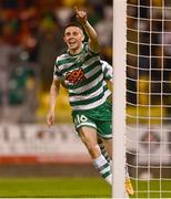 4 August 2022; Gary O'Neill of Shamrock Rovers celebrates after scoring his side's third goal during the UEFA Europa League third qualifying round first leg match between Shamrock Rovers and Shkupi at Tallaght Stadium in Dublin. Photo by Eóin Noonan/Sportsfile