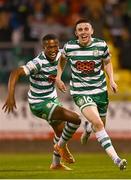 4 August 2022; Gary O'Neill of Shamrock Rovers celebrates after scoring his side's third goal during the UEFA Europa League third qualifying round first leg match between Shamrock Rovers and Shkupi at Tallaght Stadium in Dublin. Photo by Eóin Noonan/Sportsfile