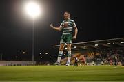 4 August 2022; Gary O'Neill of Shamrock Rovers celebrates after scoring his side's third goal during the UEFA Europa League third qualifying round first leg match between Shamrock Rovers and Shkupi at Tallaght Stadium in Dublin. Photo by Eóin Noonan/Sportsfile