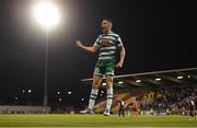 4 August 2022; Gary O'Neill of Shamrock Rovers celebrates after scoring his side's third goal during the UEFA Europa League third qualifying round first leg match between Shamrock Rovers and Shkupi at Tallaght Stadium in Dublin. Photo by Eóin Noonan/Sportsfile