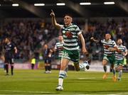 4 August 2022; Gary O'Neill of Shamrock Rovers celebrates after scoring his side's third goal during the UEFA Europa League third qualifying round first leg match between Shamrock Rovers and Shkupi at Tallaght Stadium in Dublin. Photo by Eóin Noonan/Sportsfile