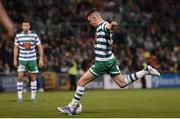 4 August 2022; Gary O'Neill of Shamrock Rovers shoots to score his side's third goal during the UEFA Europa League third qualifying round first leg match between Shamrock Rovers and Shkupi at Tallaght Stadium in Dublin. Photo by Stephen McCarthy/Sportsfile