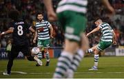 4 August 2022; Gary O'Neill of Shamrock Rovers shoots to score his side's third goal during the UEFA Europa League third qualifying round first leg match between Shamrock Rovers and Shkupi at Tallaght Stadium in Dublin. Photo by Stephen McCarthy/Sportsfile