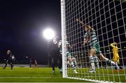 4 August 2022; Gary O'Neill of Shamrock Rovers, left, celebrates after scoring his side's third goal during the UEFA Europa League third qualifying round first leg match between Shamrock Rovers and Shkupi at Tallaght Stadium in Dublin. Photo by Eóin Noonan/Sportsfile