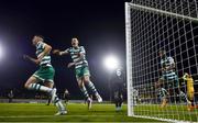 4 August 2022; Gary O'Neill of Shamrock Rovers, left, celebrates after scoring his side's third goal during the UEFA Europa League third qualifying round first leg match between Shamrock Rovers and Shkupi at Tallaght Stadium in Dublin. Photo by Eóin Noonan/Sportsfile