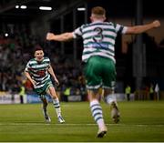 4 August 2022; Gary O'Neill of Shamrock Rovers celebrates after scoring his side's third goal, with team-mate Sean Hoare, right, during the UEFA Europa League third qualifying round first leg match between Shamrock Rovers and Shkupi at Tallaght Stadium in Dublin. Photo by Stephen McCarthy/Sportsfile