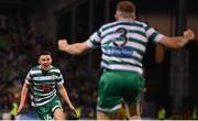 4 August 2022; Gary O'Neill of Shamrock Rovers celebrates after scoring his side's third goal, with team-mate Sean Hoare, right, during the UEFA Europa League third qualifying round first leg match between Shamrock Rovers and Shkupi at Tallaght Stadium in Dublin. Photo by Stephen McCarthy/Sportsfile