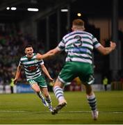 4 August 2022; Gary O'Neill of Shamrock Rovers celebrates after scoring his side's third goal, with team-mate Sean Hoare, right, during the UEFA Europa League third qualifying round first leg match between Shamrock Rovers and Shkupi at Tallaght Stadium in Dublin. Photo by Stephen McCarthy/Sportsfile