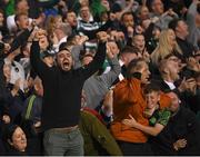 4 August 2022; Shamrock Rovers supporters celebrate their third goal during the UEFA Europa League third qualifying round first leg match between Shamrock Rovers and Shkupi at Tallaght Stadium in Dublin. Photo by Stephen McCarthy/Sportsfile