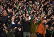 4 August 2022; Shamrock Rovers supporters celebrate their third goal during the UEFA Europa League third qualifying round first leg match between Shamrock Rovers and Shkupi at Tallaght Stadium in Dublin. Photo by Stephen McCarthy/Sportsfile
