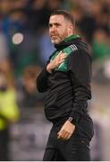 4 August 2022; Shamrock Rovers manager Stephen Bradley celebrates after the UEFA Europa League third qualifying round first leg match between Shamrock Rovers and Shkupi at Tallaght Stadium in Dublin. Photo by Stephen McCarthy/Sportsfile