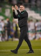 4 August 2022; Shamrock Rovers manager Stephen Bradley celebrates after the UEFA Europa League third qualifying round first leg match between Shamrock Rovers and Shkupi at Tallaght Stadium in Dublin. Photo by Stephen McCarthy/Sportsfile