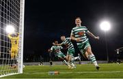 4 August 2022; Gary O'Neill of Shamrock Rovers, centre, celebrates after scoring his side's third goal with team-mates Andy Lyons, right, and Aidomo Emakhu during the UEFA Europa League third qualifying round first leg match between Shamrock Rovers and Shkupi at Tallaght Stadium in Dublin. Photo by Stephen McCarthy/Sportsfile