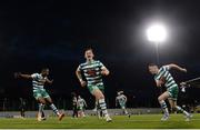 4 August 2022; Gary O'Neill of Shamrock Rovers, right, celebrates after scoring his side's third goal with team-mates Andy Lyons, centre, and Aidomo Emakhu during the UEFA Europa League third qualifying round first leg match between Shamrock Rovers and Shkupi at Tallaght Stadium in Dublin. Photo by Stephen McCarthy/Sportsfile