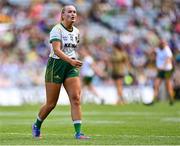 31 July 2022; Vikki Wall of Meath leaves the pitch after she was shown a yellow card by referee Maggie Farrelly during the TG4 All-Ireland Ladies Football Senior Championship Final match between Kerry and Meath at Croke Park in Dublin. Photo by Piaras Ó Mídheach/Sportsfile