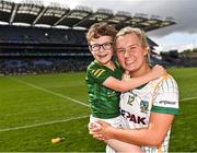 31 July 2022; Kelsey Nesbitt of Meath celebrates with her cousin Charlie Monaghan after the TG4 All-Ireland Ladies Football Senior Championship Final match between Kerry and Meath at Croke Park in Dublin. Photo by Piaras Ó Mídheach/Sportsfile