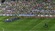 31 July 2022; Both teams march in the pre-match parade behind the Artane Band before the TG4 All-Ireland Ladies Football Senior Championship Final match between Kerry and Meath at Croke Park in Dublin. Photo by Piaras Ó Mídheach/Sportsfile