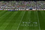 31 July 2022; Both teams march in the pre-match parade behind the Artane Band before the TG4 All-Ireland Ladies Football Senior Championship Final match between Kerry and Meath at Croke Park in Dublin. Photo by Piaras Ó Mídheach/Sportsfile