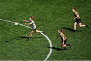 31 July 2022; Aoibheann Leahy of Meath passes under pressure from Kerry players, Síofra O'Shea and Louise Ní Mhuircheartaigh, right, during the TG4 All-Ireland Ladies Football Senior Championship Final match between Kerry and Meath at Croke Park in Dublin. Photo by Piaras Ó Mídheach/Sportsfile