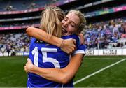 31 July 2022; Laois players Sarah Anne Fitzgerald, left, and Aisling Donoher celebrate after their side's victory in the TG4 All-Ireland Ladies Football Intermediate Championship Final match between Laois and Wexford at Croke Park in Dublin. Photo by Piaras Ó Mídheach/Sportsfile